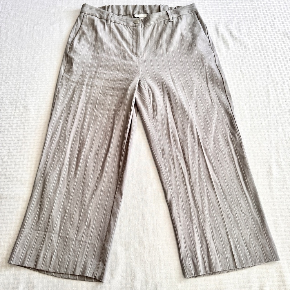 J. Jill Linen Blend Wide Leg Striped Pants Taupe White Pinstripe‎ Size 16